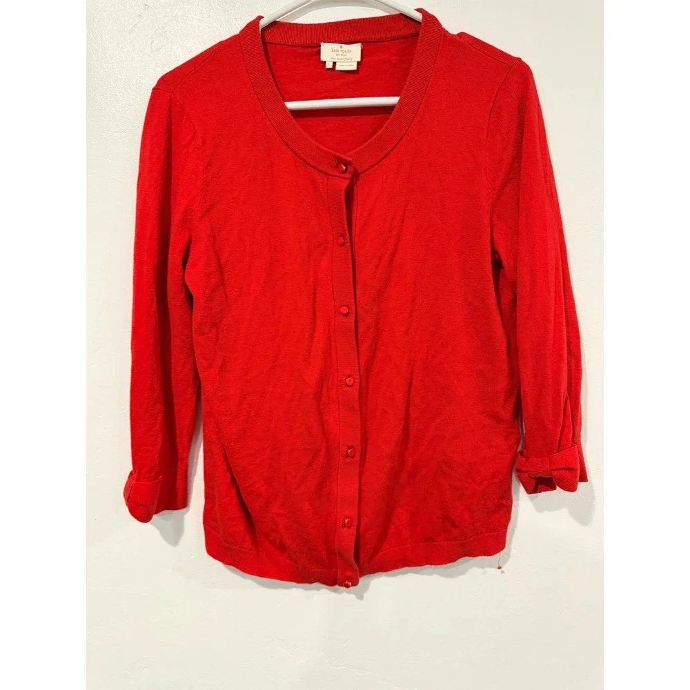 Kate Spade New York Womens Red Bow Cuff Button Front Cardigan Sweater Large